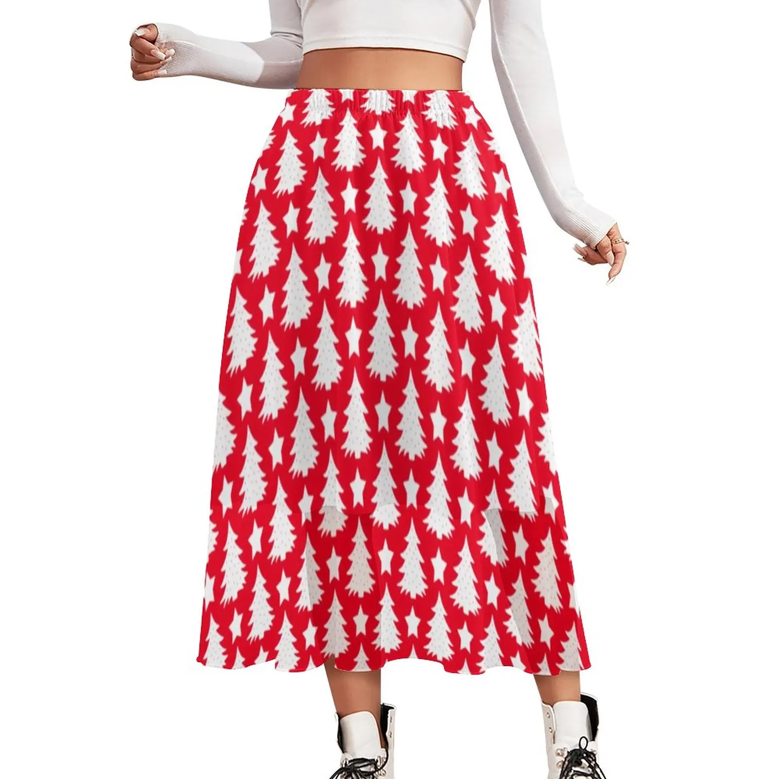 

White Christmas Tree Skirt Female Stars Print Elegant Long Skirts Custom High Waist Harajuku A-line Skirt 2XL 3XL 4XL