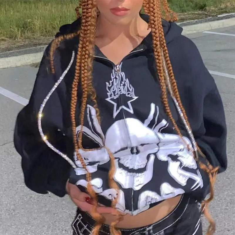 

Rhinestones Y2k Zip Up Skull Skeleton Spider Hoodies Long Sleeve Women Clothes Gothic Punk Oversized Fashion Jackets Sweatshirts