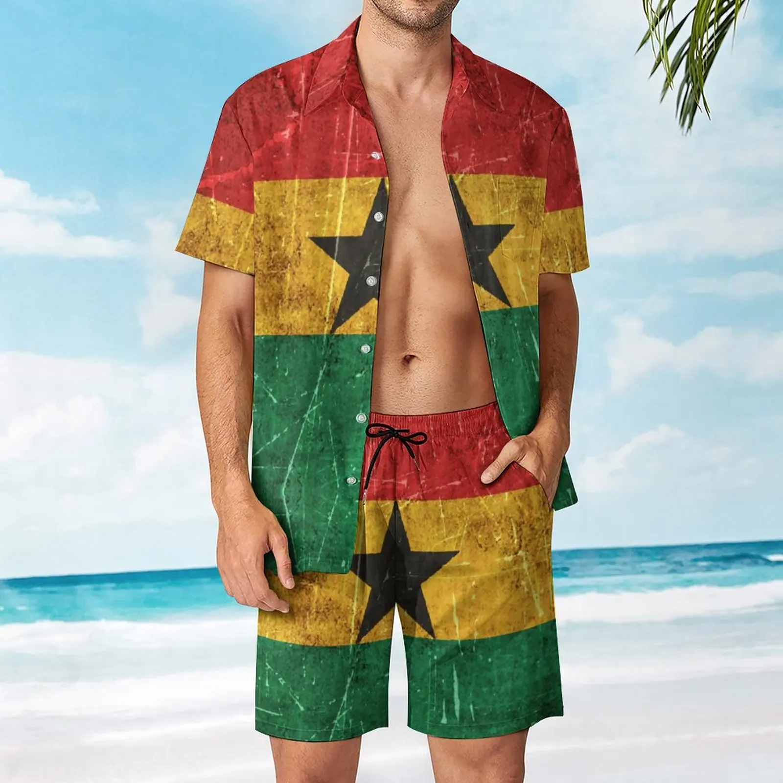 

Vintage Aged And Scratched Ghana Flag Men's Beach Suit Vintage 2 Pieces Suit top Quality Leisure Eur Size