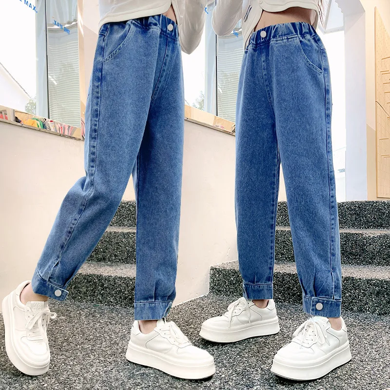 

Jeans For Girls High Waist Full Length Casual Pencil Blue Denim Pants Kids Clothes School Children Trousers 6 8 10 12 13 14 Year