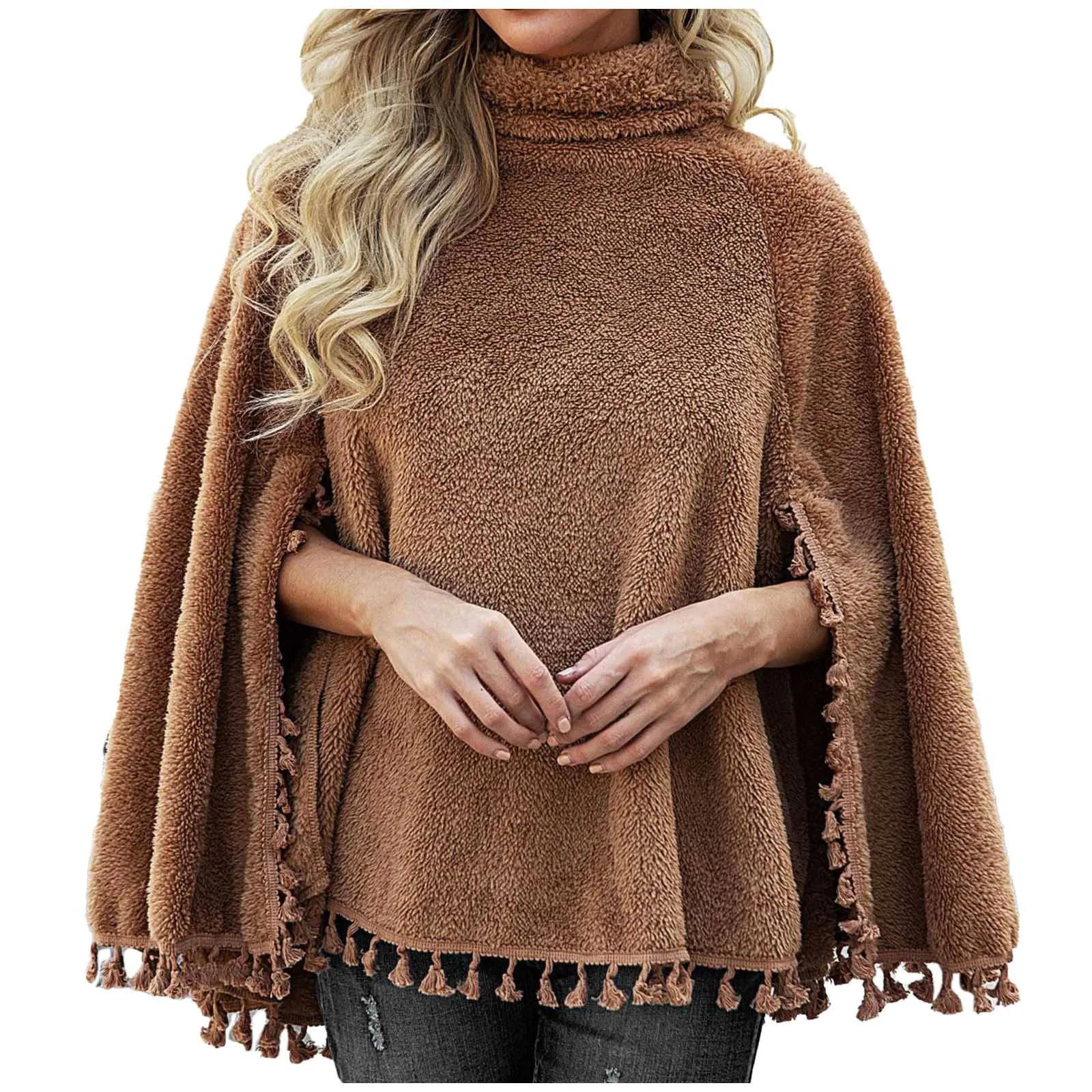 Модная плюшевая накидка цвета хаки Женская осенне-зимняя теплая пончо шикарная