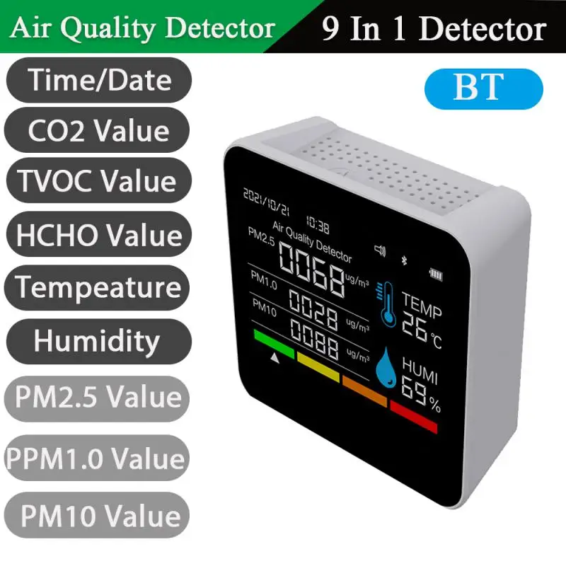 

9in1 Carbon Dioxide Detector Air Quality Pm2.5 Pm1.0 Formaldehyde Temperature Humidity Bluetooth HCHO TVOC CO CO2 Monitor