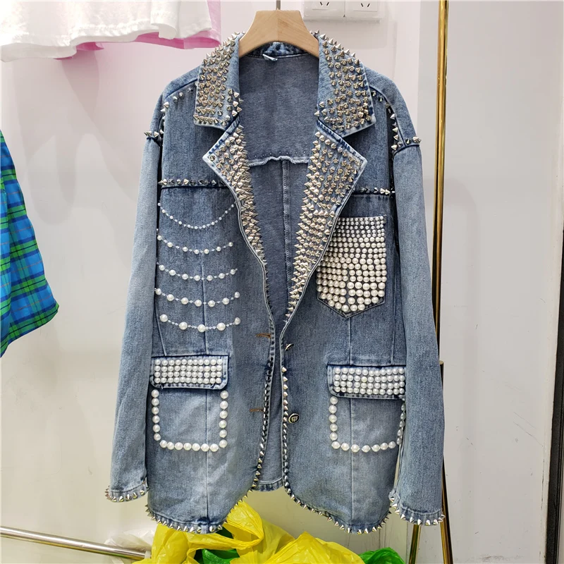 

Heavy Work Rivet Pearl Beading Denim Coat Notched Collar Long Sleeve Loose Casual Blue Jeans Jacket Spring Autumn Chaqueta Mujer