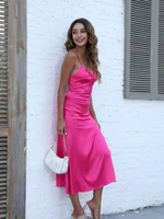 pink women midi dresses spaghetti strap slit backless sleeveless package hip elegant fashion party prom cocktail slim dresses