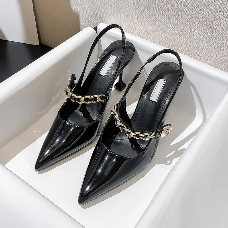 Mary Jane Sandals Women's 2023 Spring New Fashion Pointed Shallow Mouth Women's Shoes Chain Slim Heels Sexy High Heels