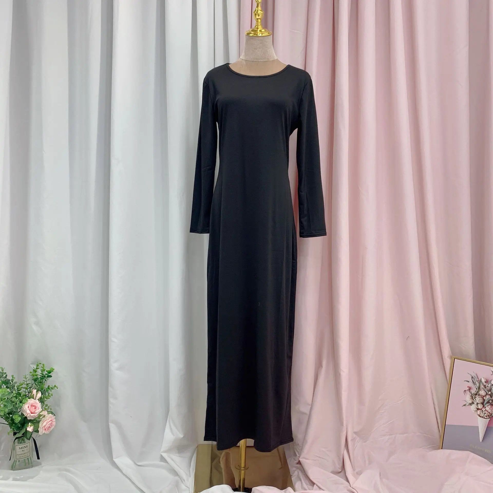 New Fashion Stretch Islamic Inside Dress Robes Cotton Fancy Dress Inner Dress French Stylish Modesty Islamic Dress WY56