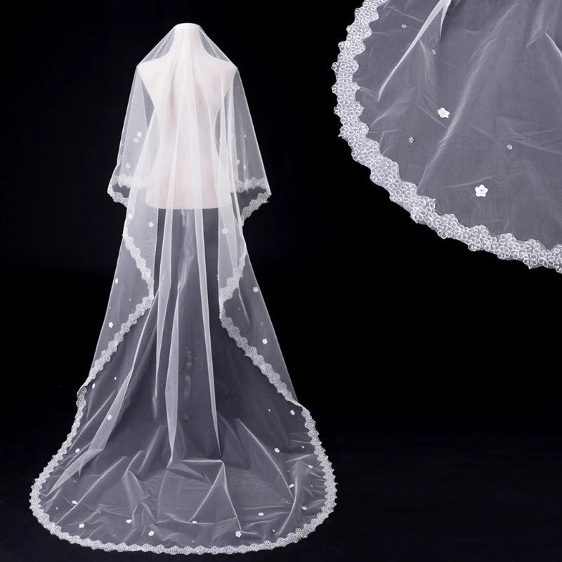 

X7YC Wedding Bridal Veil Hair Accessories for Bride Lace Trim 1-Layer Tulle with Flowers Cathedral-Length Chapel-Veils