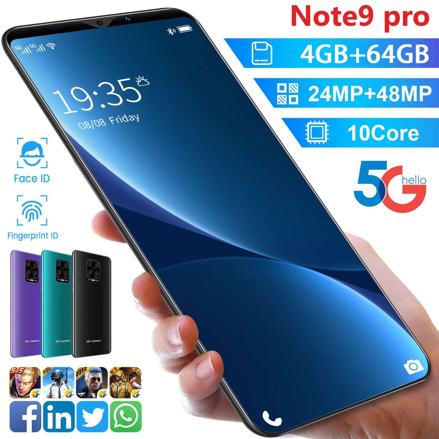 

Смартфон Note 9 Pro, телефон, Android 5,5, 4G, 10,0 дюйма, 4 ГБ, 64 ГБ