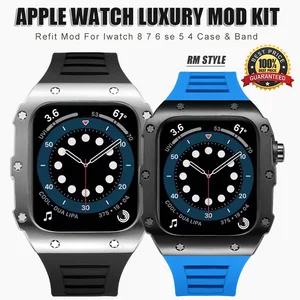 Imported Stainless Steel Case Luxury Modification Kit for Apple Watch 8 7 45mm 41mm Silicone Band Belt for IW