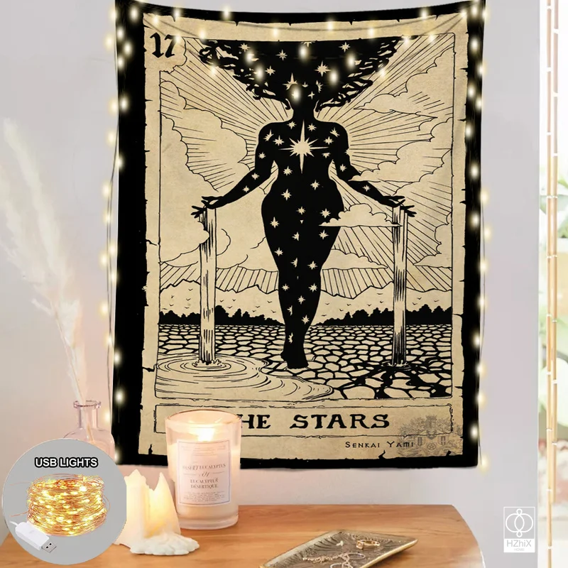 

Tarot Cards The Stars Tapestry with Lights Psychedelic Occult Witchcraft Tapestries Wall Hanging Decoration Bedroom Wall Decor