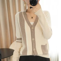 2022 spring new v neck knitted cardigan womens color matching all match sweater coat hit color fashion loose wool top trend