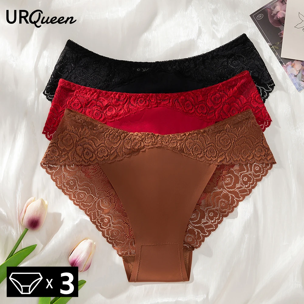 WarmSteps 3Pcs/Set New Fashion Lace Splicing Sexy Hollow Out Women's Panties Plain Seamless Ice Silk Female Underwear 3 Pieces