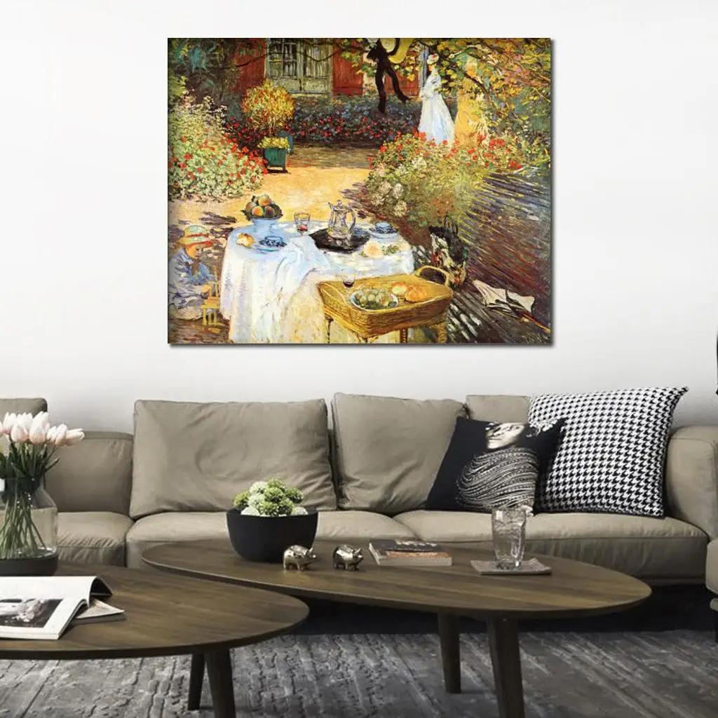 Картина Клода Моне "Обед", высокое качество, ручная работа на холсте, знаменитая садовая композиция, декор стен для столовой и кухни, современный стиль.
