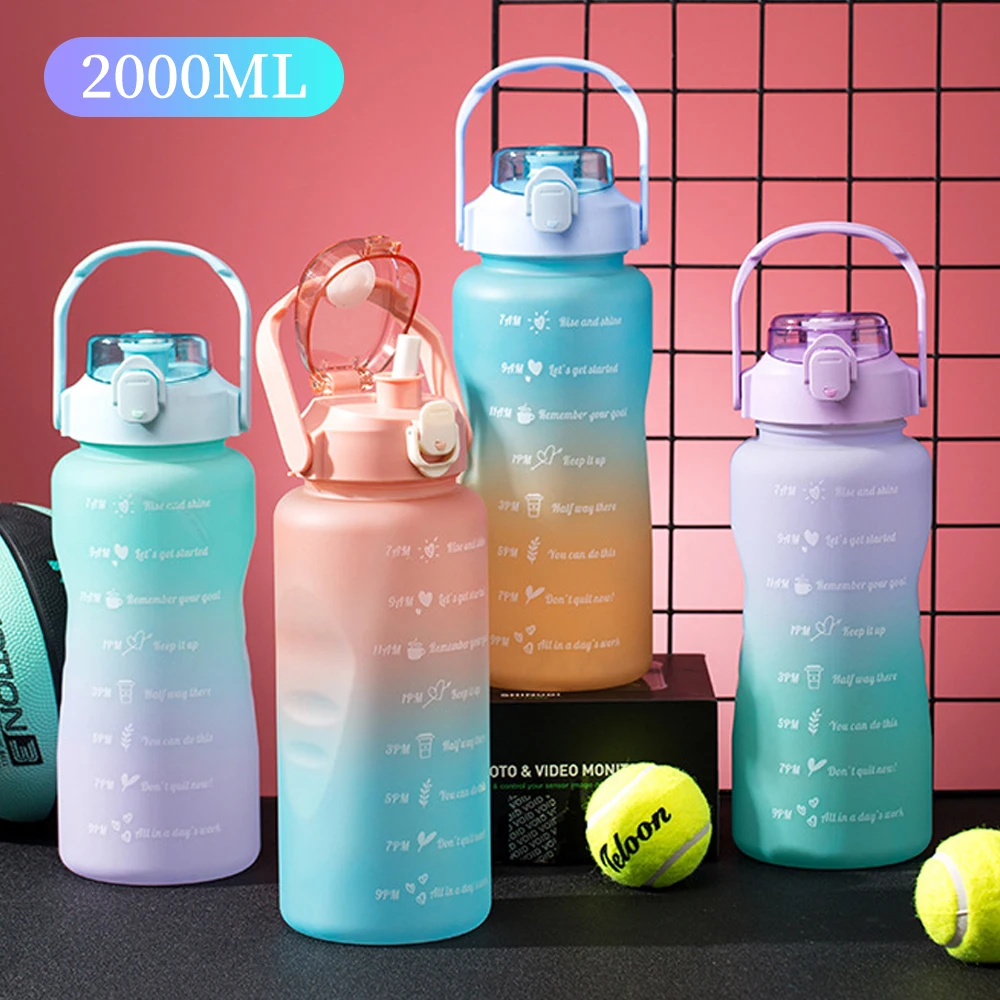 

2l Large Capacity Water Bottle Kettle With Bounce Cover Time Scale Reminder Frosted Cup Outdoor Sports Fitness Drinking Bottles