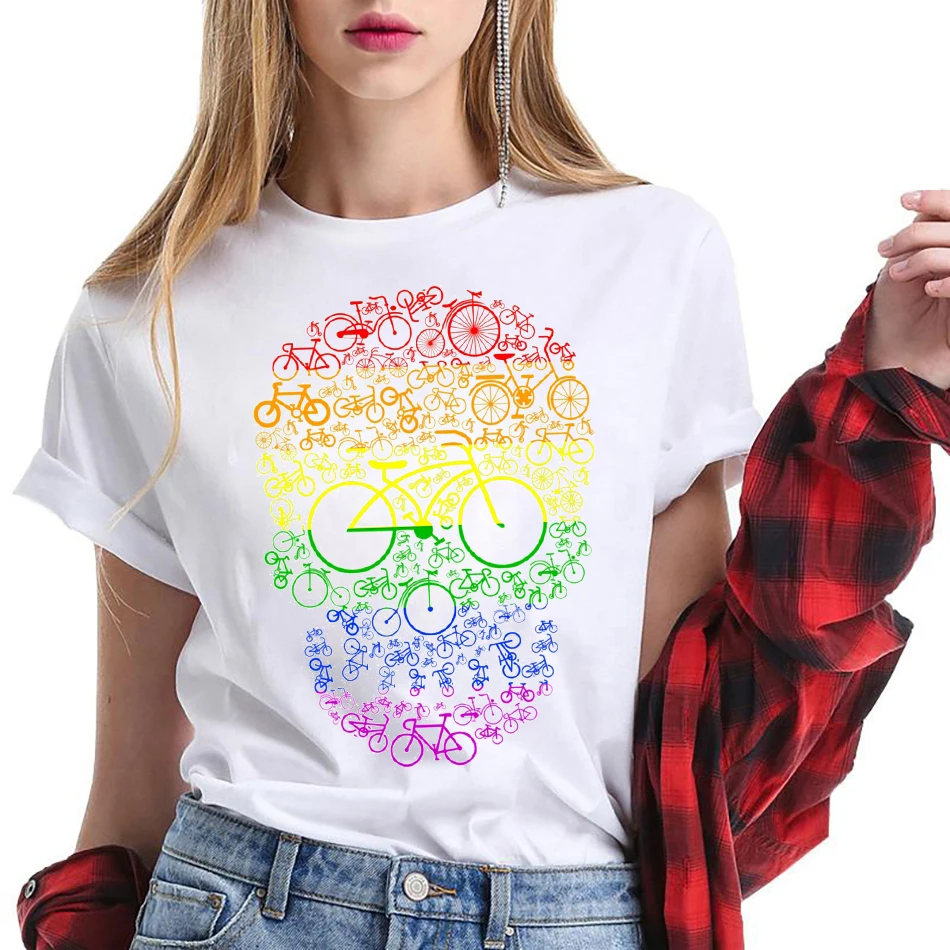 

New Fashion Women Bicycle T-Shirt Cycling Bicycle Skull Lgbt Rainbow Flag Gay Pride Print streetwear Hip Hop Harajuku T Shirts