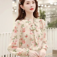 bow lantern sleeve bottoming shirt spring and autumn printed chiffon shirt womens loose long sleeve blouse top 5xl
