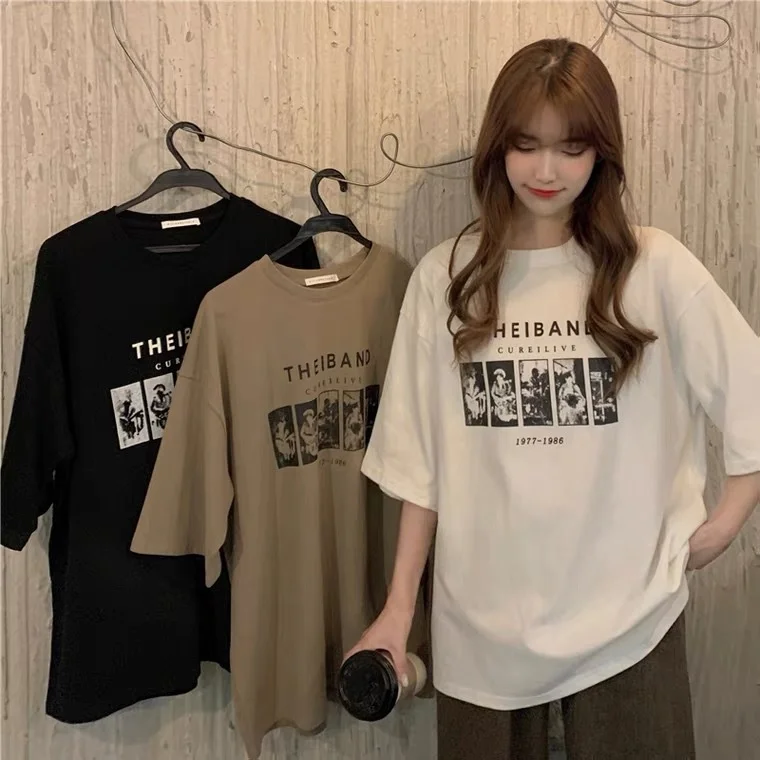 

Cotton Korean alphabet printed short sleeve T-shirt women's summer loose round neck Pullover Top Women's wear