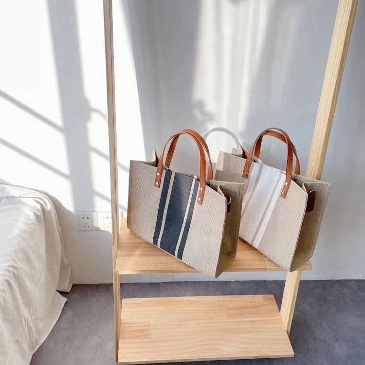 Large Canvas Bag For Women 2023 New Luxury Handbags Vintage Striped Tote Bag Female Portable Ol Business Briefcase Korean Style