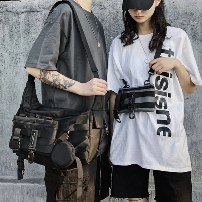 

Shoulder Gothic Black Crossbody Messenger Tote Bags For Men Women's Shopper Nylon Hip Hop Techwear Satchel Waist Goth Postman
