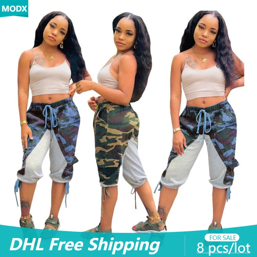 

8 PCS Wholesale Casual Camo Splice Capris Fashion Lady Sweatpants Bandage Pockets Cargo Shorts Joggers Knee Length Pants 8024
