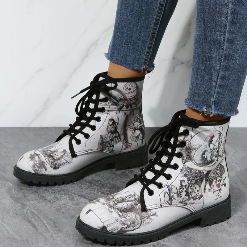 

short Boots Women's Spring Autumn New British Fashion Women's Tooling Boots Flower Print High-top Boots Ladies Shoes for Women