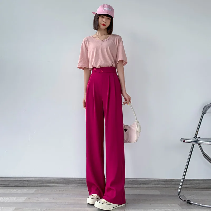 

Summer Women Pants Fashion Double Breasted Wide Leg Pants High Waist Loose Office Straight Pants Casual Chiffon Suit Trousers