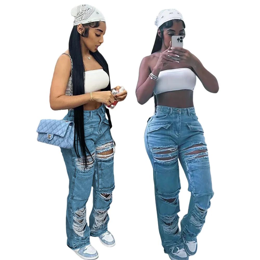 Casual Denim Trousers Ripped Denim Overalls  Slouchy Jeans  Blue Jeans for Women  Jeans Print  Ripped Jeans for Women