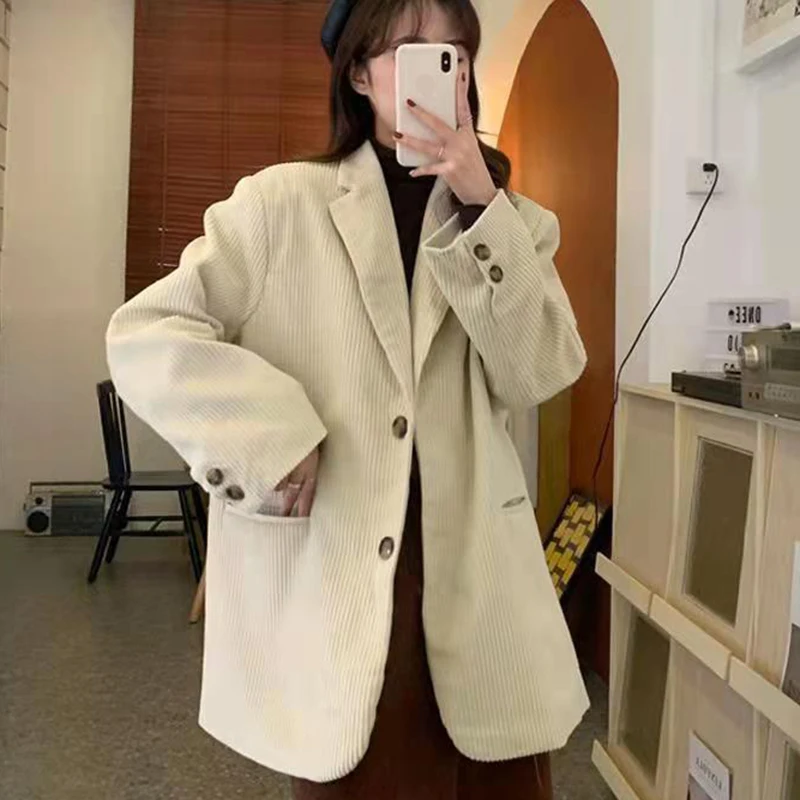 

Rimocy Oversized Single Breasted Corduroy Blazer Women Autumn Loose Jackets Office Ladies 2021 Korean Solid Color Outwear Woman