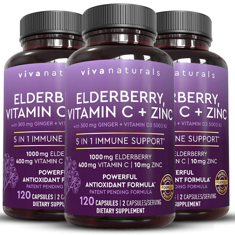 

Elderberry Capsules, Antioxidant and Immune Support Supplement with Vitamin C, Vitamin D3 5000 IU and Ginger Zinc