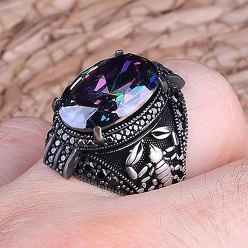 

New Retro Colorful Gemstone Luxury Men's Ring To Attend The Banquet Party Niche Ring High-end Fashion Features Wedding Jewelry