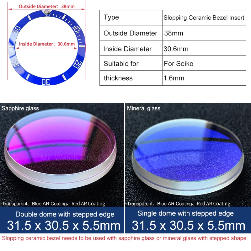 Sloped ceramic bezel insert 38*30.6mm  Sub style Luminous pip at 12 For Seiko SKX007 SKX011 for Rlx SUBMARINER MOD watch parts