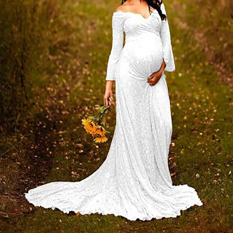 Wedding Photography Maternity Clothes Baby Shower Dress For Women Pregnant V-Neck Lace Maxi Tail Fluttering Pregnancy Dresses