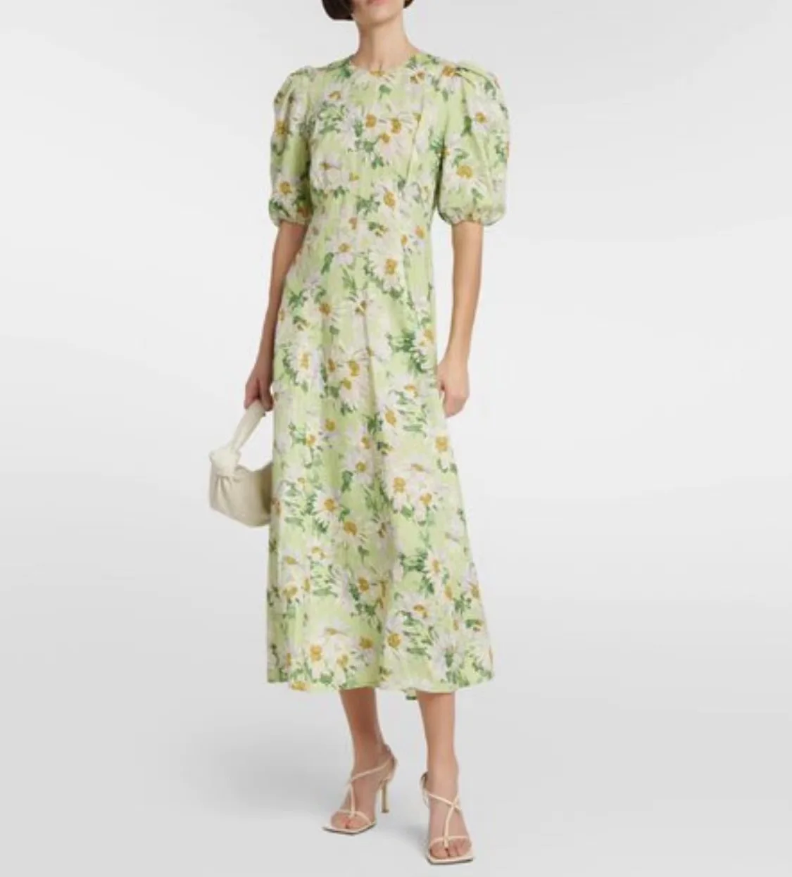

Alem@ais* Summer Women Midi Shirtdress Linen Short Lantern Sleeve Floral Printing Casual Ankle Length Vintage Empaire Waist