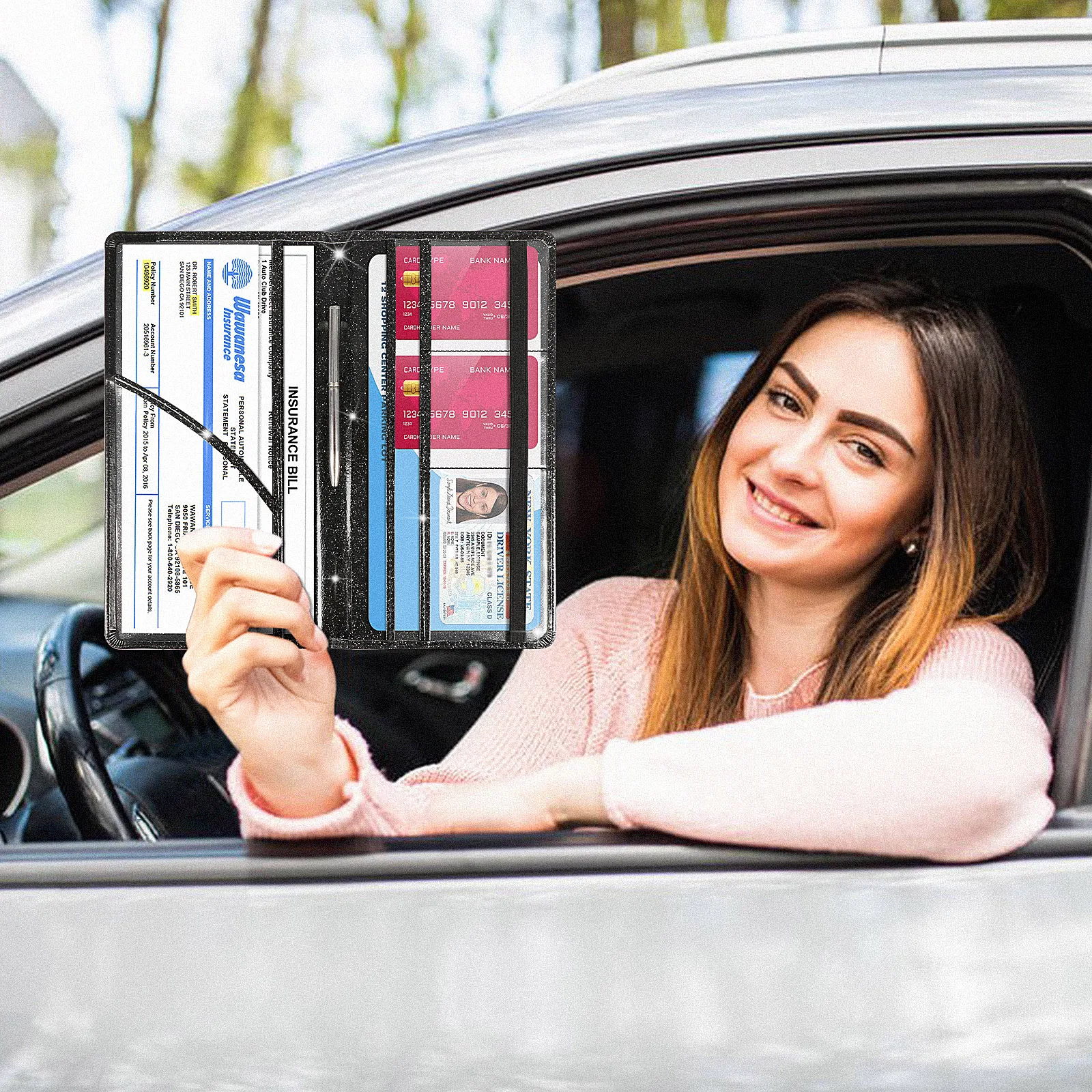 

Hot Sale Car Registration and Insurance Card Holder PU Leather Rubber Band Closure Document Holder Glove Box Organizer