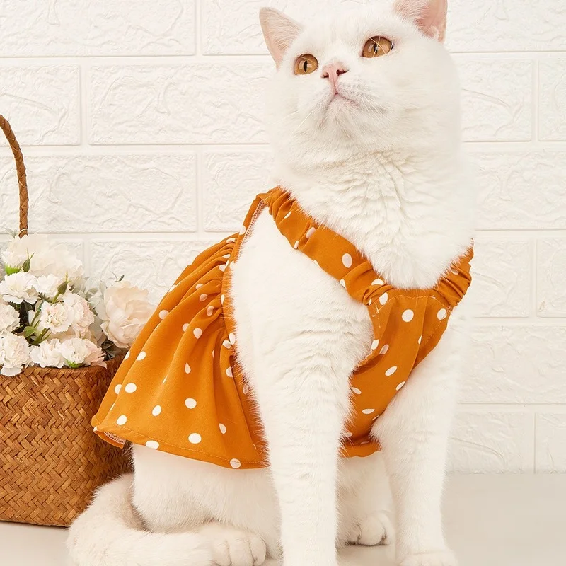 

Korean Fashion Kitten Dogs Clothes Elegant Orange Dot Dress Party Small Dog Clothing Cat Thin Summer Sweet Bichon Cute Wholesale