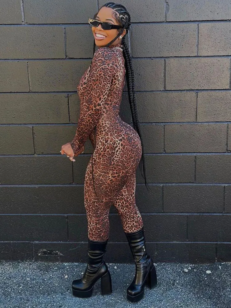 Casual Leopard Prints Silm Jumpsuit For Women Clothes High Collar Rompers Sexy One-pieces Mujer Streetwear Long Sleeve Playsuit