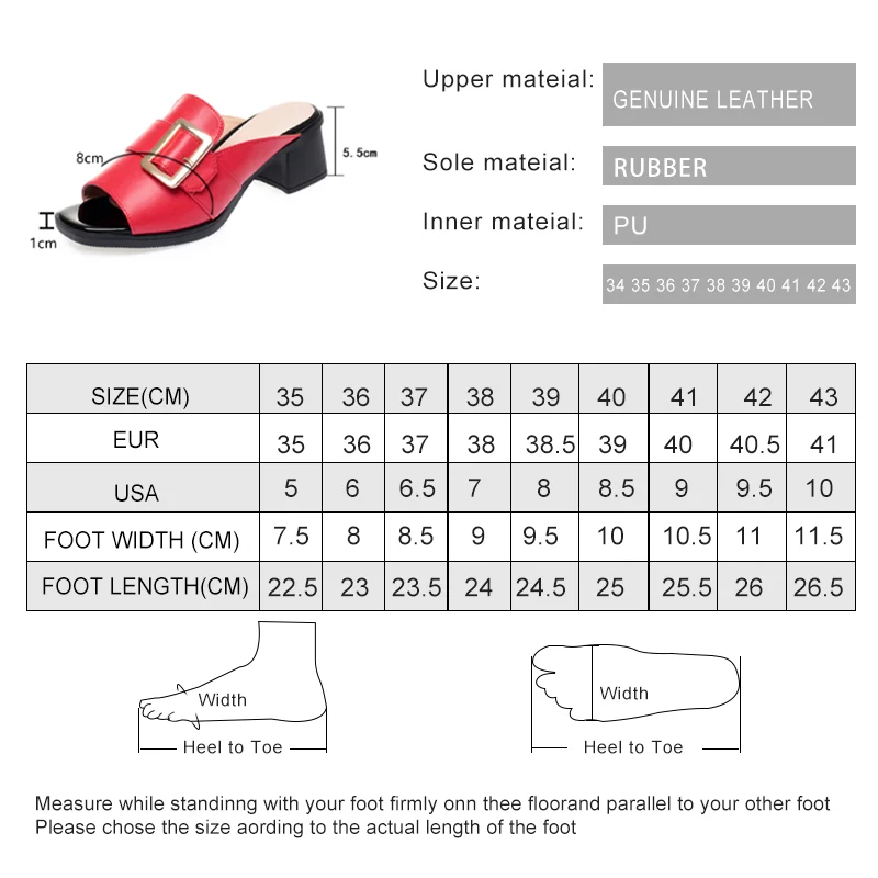 Women Slides Genuine Leather Summer New Style Square Buckle Large Size Women's Slippers Mid-heel Red Fashion Slippers Women