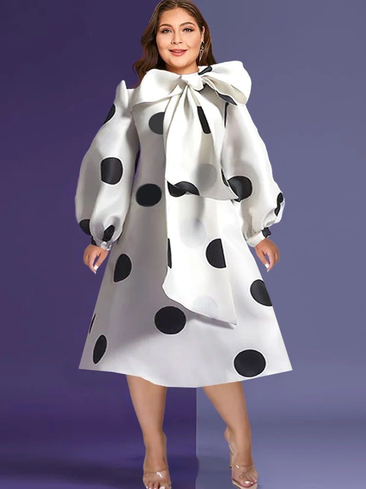 Plus Size White Polka Dot Dress Women Print Big Bow Lantern Sleeve Spring Elegant Fashion Robe Birthday Party Evening with Belt