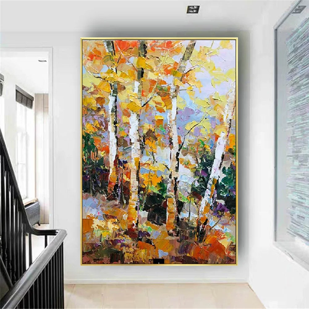 

Pop Handmade White birch oil painting yellow Woods Forest modern background wall Abstract Canvas paintings Decor Living Room Art