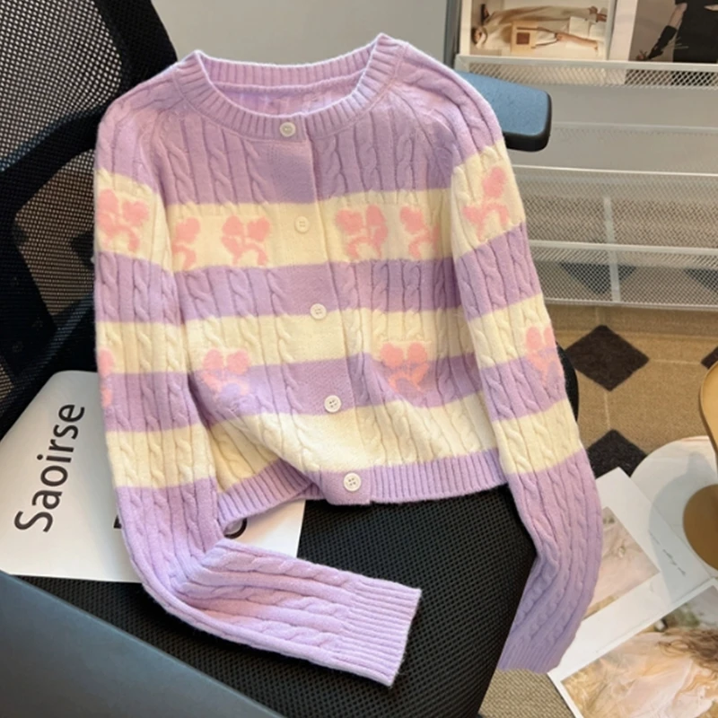 

Женский вязаный кардиган в фиолетовую полоску, мягкие однобортные свитера, осень 2023