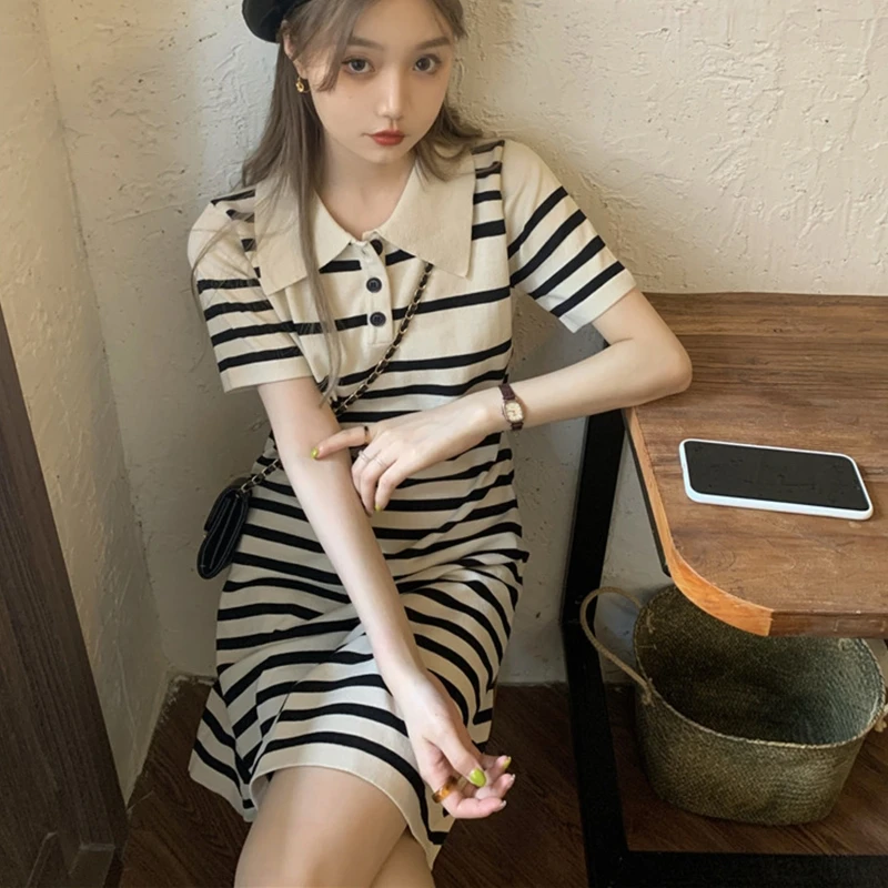 

L5YA Women's Cute Striped Lapel Collar Summer Short Shirt Dress Loose Knit Dress