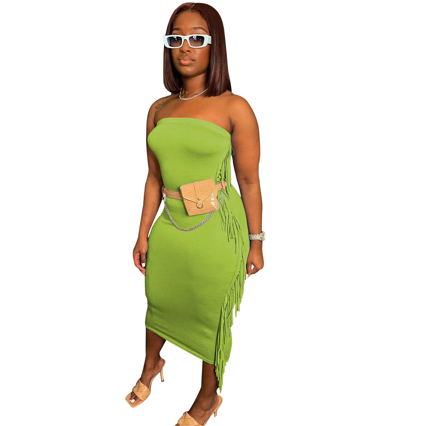 

Strapless Off Shoulder Side Fringed Dress Solid Summer Casual Midi Dress