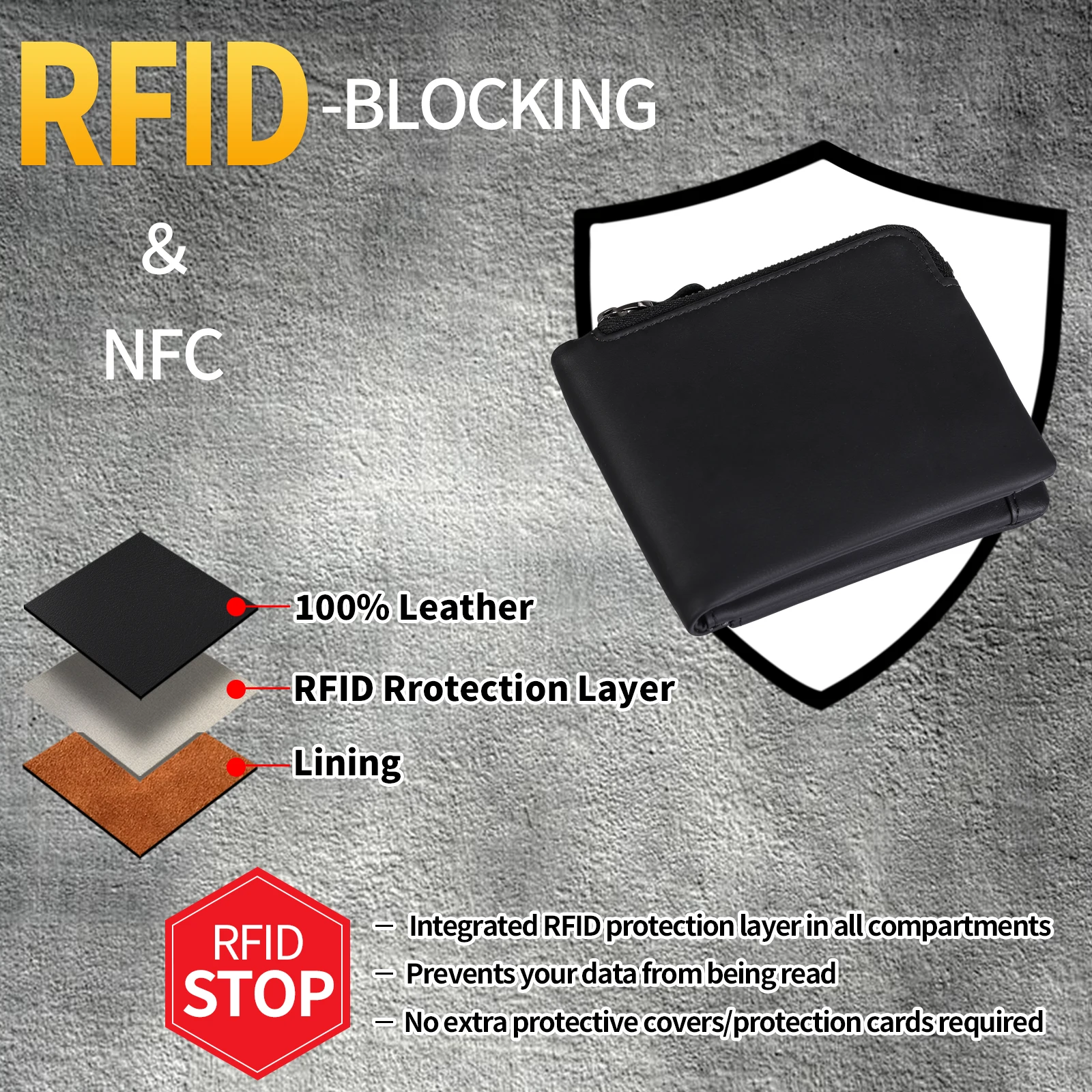 Men's RFID Blocking Wallet Vintage Business Credit Card Holder Purse Anti-Theft Clutch Short Leather Zipper Coin Pocket