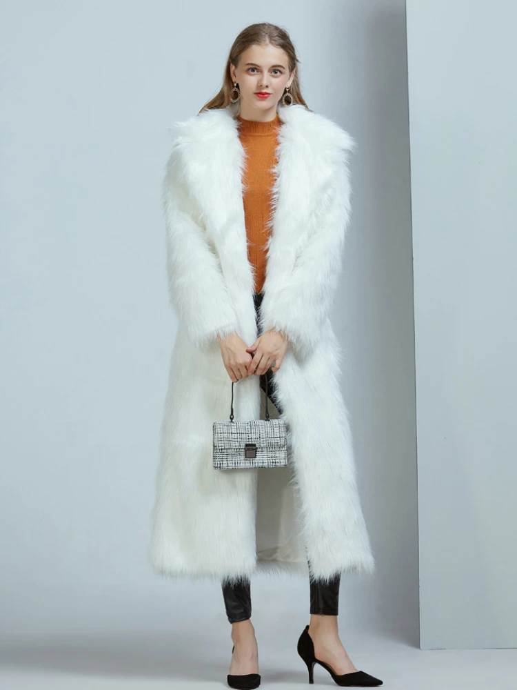 Elegant Luxury Faux Fox Fur Long Coat Women 2022 Winter Fashion Turn Down Collar Fluffy White Coats Ladies Furry Warm Fur Jacket