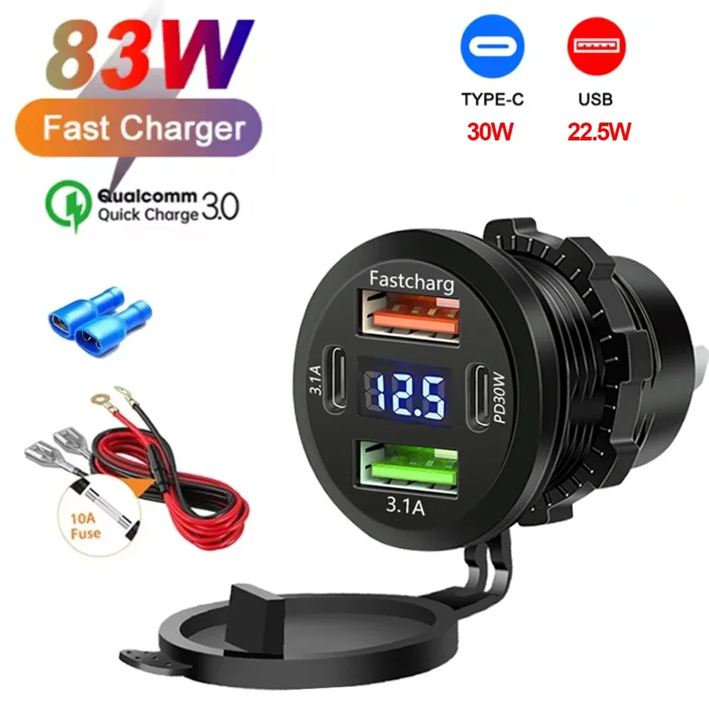 Фото НОВОЕ 83 Вт Dual PD Dual QC 3.0 USB Автомобильное зарядное устройство с розеткой вольтметра Водонепроницаемый адаптер для 12 В/24 В автомобиля Лодка Лидер продаж №1