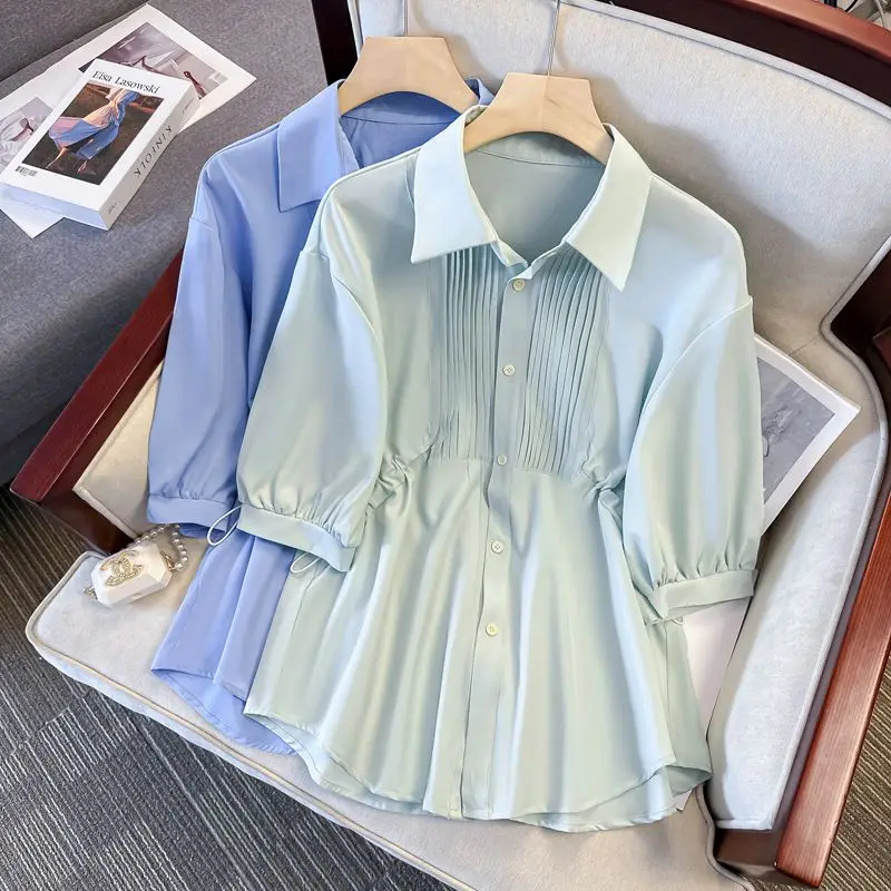 

DUOFAN Women's Casual Shirt Pleated Design Ladies Blouse Summer Lapel Single Breasted Camisas Short Sleeved Blusas Tops