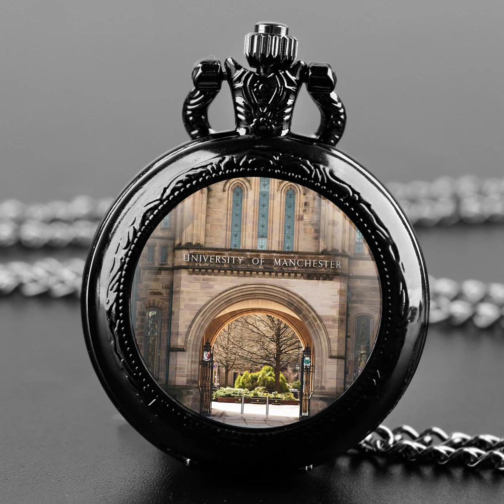 Архитектурные кварцевые карманные часы университета Манчестера с цепочкой и
