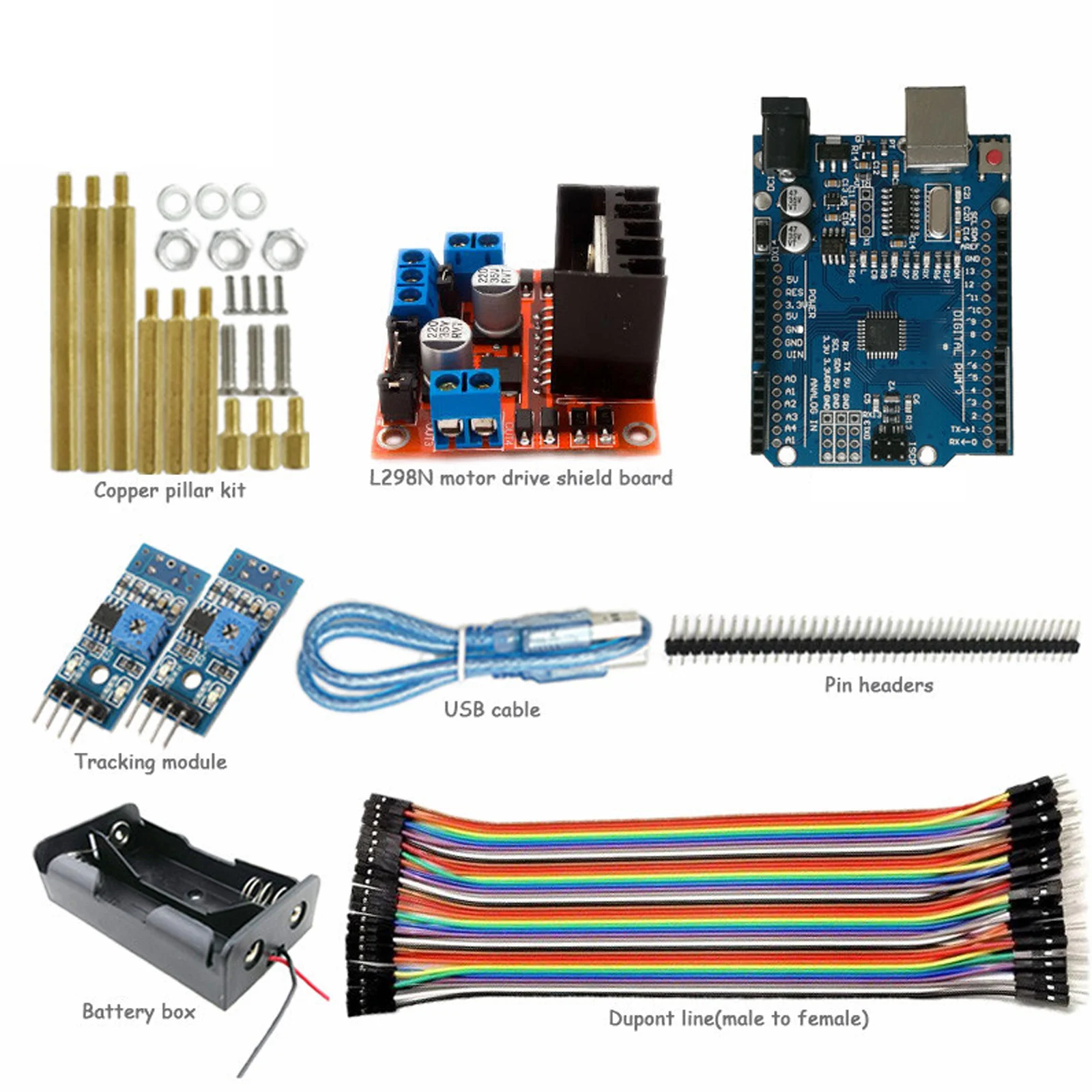 

Стартовый Комплект UNO для автомобильного шасси с платой Arduino Uno R3, щит для привода двигателя L298N, модуль отслеживания, кабель Dupont