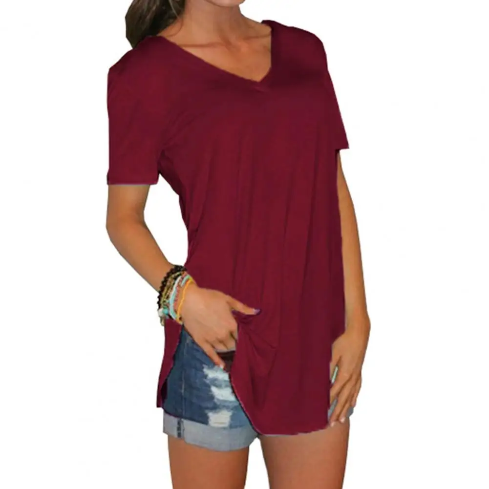 

Women T-shirt Tops for Women Solid Color T-Shirt Woman side split V Neck Short Sleeve Casual Summer tops women 2022