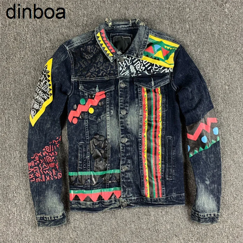 

Dinboa-2022 Men's Y2k Fashion Oil Painted Graffiti Denim Trapstar Jacket Hip Hop Ripped Coat Streetwear Couples
